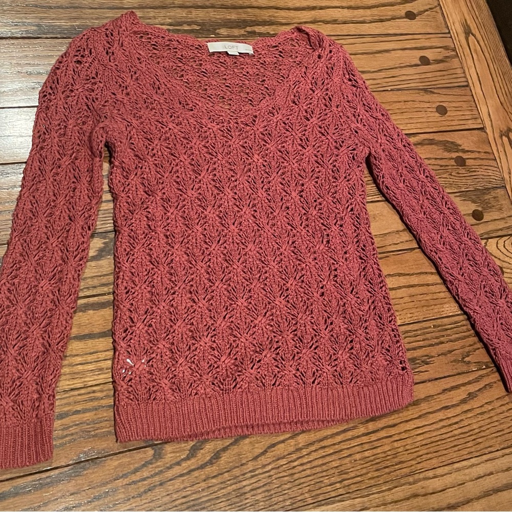 LOFT Women's V-Neck Lace Knit Sweater - Rust